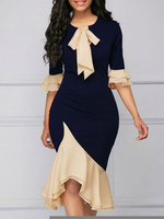 Etuikleid Dunkelmarineblau Kleider und Farbblock Polyester im schicken & modischen Style 1/2 Ärmel und Rundkragen und Schleife