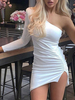 Etuikleid Einschulter Kleider Langarm Weiß Polyester-Baumwolle Damenmode kurz und Herbst und Frühling mit Falten im sexyen Style