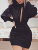 Etuikleid Halskragen Kleider Langarm Schwarz Polyester Damenmode mittellang für Sommer und Frühling mit Reißverschluss im sexyen Style