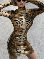 Etuikleid Halskragen Kleider Langarm Tigermuster gemischten Baumwollen Damenmode mittellang mit Tiermuster für Herbst und Winter im sexyen Style