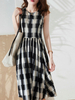 Etuikleid Jewel Neck Black Plaid Pattern Polyester Midi Sommerkleid