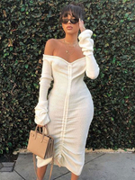 Etuikleid milchweiß Kleider gemischten Baumwollen im sexyen Style Langarm Damenmode mit Carmenausschnitt und Durchziehband für Herbst