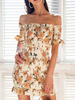 Etuikleid mit Bateau-Kragen Kleider Kurzarm Orange Polyester Damenmode mittellang und Print für Sommer mit Rüschen im casualen Stil
