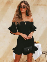 Etuikleid mit Carmenausschnitt Kleider 1/2 Ärmel Schwarz Polyester Damenmode für Sommer mit Rüschen im sexyen Style