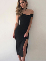 Etuikleid mit Carmenausschnitt Kleider Kurzarm Schwarz Spandex Damenmode für Sommer mit Schlitz an der Front im schicken & modischen Style