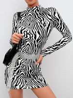 Etuikleid mit Rundhalsausschnitt Kleider Langarm Schwarz Polyester Damenmode und Zebra Streifen für Sommer und Frühling