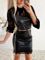 Etuikleid mit Rundkragen Kleider 1/2 Ärmel Schwarz PU Damenmode für Frühling und Sommer mit Spitzen im casualen Stil