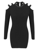 Etuikleid mit Rundkragen Kleider Langarm Schwarz gemischten Baumwollen Damenmode für Herbst und Winter mit Ziernieten im casualen Stil