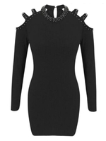 Etuikleid mit Rundkragen Kleider Langarm Schwarz gemischten Baumwollen Damenmode für Herbst und Winter mit Ziernieten im casualen Stil