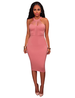 Etuikleid mit Rundkragen Kleider ärmellos Rosa Polyester Damenmode knielang für Sommer mit Trägern / Riemchen im schicken & modischen Style