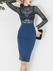 Etuikleid mit Stehkragen Kleider Langarm Blau Spitze Damenmode knielang und Farbblock für Sommer Cutouts im sexyen Style