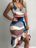 Etuikleid mit Trägern Kleider ärmellos Blau Polyester Damenmode und Print und Spaghettiträger für Sommer mit Rüschen im casualen Stil