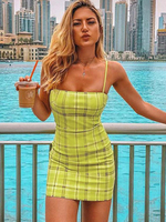 Etuikleid mit Trägern Kleider ärmellos Grün Polyester Damenmode kurz und Plaidmuster für Sommer im schicken & modischen Style