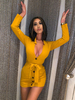 Etuikleid mit Umlegekragen Kleider Langarm Gelb Polyester Damenmode mittellang für Sommer und Frühling mit Schnüren im sexyen Style