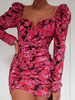 Etuikleid Rosa Kleider mit Printmuster Polyester kurz Damenmode im sexyen Style Langarm Herz-Ausschnitt und Knöpfen für Sommer und Frühling