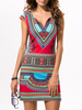Etuikleid Rot Kleider mit Print Polyester in Ethnic-Style Damenmode Kurzarm Notched Ausschnitt für Sommer