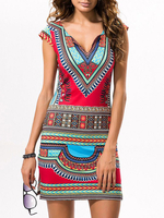 Etuikleid Rot Kleider mit Print Polyester in Ethnic-Style Damenmode Kurzarm Notched Ausschnitt für Sommer