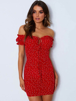 Etuikleid Rot Kleider mit Printmuster Polyester im schicken & modischen Style Damenmode Kurzarm und Carmenausschnitt geknotet für Sommer