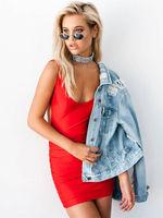 Etuikleid Rot Kleider Polyester im sexyen Style ärmellos Damenmode U-Ausschnitt für Sommer
