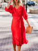 Etuikleid Rot Kleider Polyester lang im casualen Stil Damenmode 3/4 Ärmel V-Ausschnitt und Sommer und Herbst und Frühling