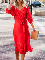 Etuikleid Rot Kleider Polyester lang im casualen Stil Damenmode 3/4 Ärmel V-Ausschnitt und Sommer und Herbst und Frühling