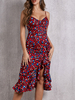 Etuikleid Rot Kleider und Leopard-Korn Optik Polyester und Spaghettiträger Damenmode lang im Boho-Style ärmellos und Trägern für Frühling