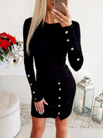 Etuikleid Schwarz Kleider gemischten Baumwollen im casualen Stil Langarm Damenmode mit Rundkragen und Knöpfen für Frühling und Herbst