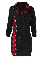 Etuikleid Schwarz Kleider mit Plaidmuster gemischten Baumwollen im casualen Stil Damenmode Langarm Schalkragen und Falten für Herbst und Winter