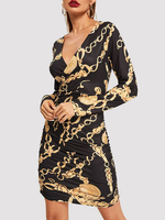 Etuikleid Schwarz Kleider mit Print Polyester im schicken & modischen Style Damenmode Langarm und spitzem Dekolleté und Falten für Sommer