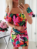 Etuikleid Schwarz Kleider mit Printmuster Polyester im casualen Stil Damenmode Kurzarm und Carmenausschnitt Es gibt keinen Schmuck. für Sommer