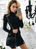 Etuikleid Schwarz Kleider Polyester im schicken & modischen Style Langarm Damenmode Halskragen mit Seilschlingen für Herbst und Frühling