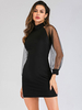 Etuikleid Schwarz Kleider Polyester im sexyen Style Langarm Damenmode mit Rundhalsausschnitt und Perlen-Applikation für Sommer