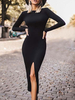 Etuikleid Schwarz Kleider Polyester im sexyen Style Langarm Damenmode mit Rundkragen für Herbst und Winter und Frühling