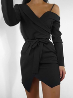 Etuikleid Schwarz Kleider Polyester im sexyen Style Langarm Damenmode mit Trägern und Schnüren für Frühling und Sommer und Herbst