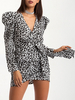 Etuikleid Schwarz Kleider und Leopard-Korn Optik Polyester kurz Damenmode Langarm V-Ausschnitt und Schnüren für Herbst und Frühling