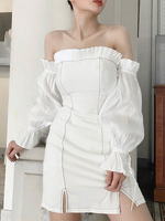 Etuikleid trägerlos Kleider Langarm Weiß Polyester Damenmode kurz für Frühling und Herbst und Sommer im sexyen Style