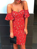 Etuikleid und Carmenausschnitt Kleider Kurzarm Rot gemischten Baumwollen Damenmode und Printmuster für Sommer im glamourösen & pathetischen Style