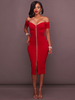 Etuikleid und Carmenausschnitt Kleider Kurzarm Rot Polyester Damenmode knielang für Sommer mit Reißverschluss im sexyen Style