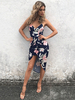 Etuikleid V-Ausschnitt Kleider Langarm Blau Chiffon Damenmode mit Printmuster für Sommer im sexyen Style