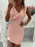 Etuikleid V-Ausschnitt Kleider ärmellos Rosa Polyester Damenmode und Sommer mit Rüschen