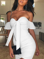 Etuikleid Weiß Kleider gemischten Baumwollen im casualen Stil Kurzarm Damenmode mit Carmenausschnitt für Sommer