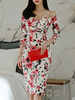 Etuikleid Weiß Kleider mit Print Polyester mittellang Damenmode im sexyen Style 3/4 Ärmel und Bateau-Kragen für Herbst und Frühling