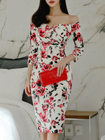 Etuikleid Weiß Kleider mit Print Polyester mittellang Damenmode im sexyen Style 3/4 Ärmel und Bateau-Kragen für Herbst und Frühling