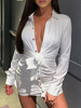Etuikleid Weiß Kleider Polyester im schicken & modischen Style Langarm Damenmode mit Umlegekragen und Falten für Sommer und Frühling