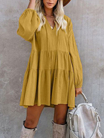 Etuikleider Gelb V-Ausschnitt Plissee Baumwollmischung Kordelzug Frau Modern Tunika-Kleid