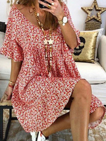 Etuikleider Kurzarm Kleid mit Blumendruck Casual Jewel Neck Red Tunika Kleid
