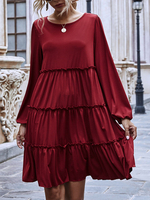 Etuikleider Langarm Lässige Rüschen Jewel Neck Burgunder Tunika Kleid