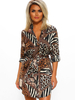 Etuikleider Leopardenmuster Turndown-Kragen Langarm Polyester Midi Tube Kleid