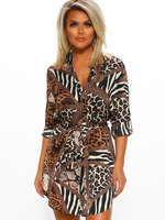 Etuikleider Leopardenmuster Turndown-Kragen Langarm Polyester Midi Tube Kleid