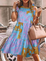 Etuikleider Lila Kurzarm Bedrucktes Muster Lässig Plissee Jewel Neck Übergroßes Schlauchkleid